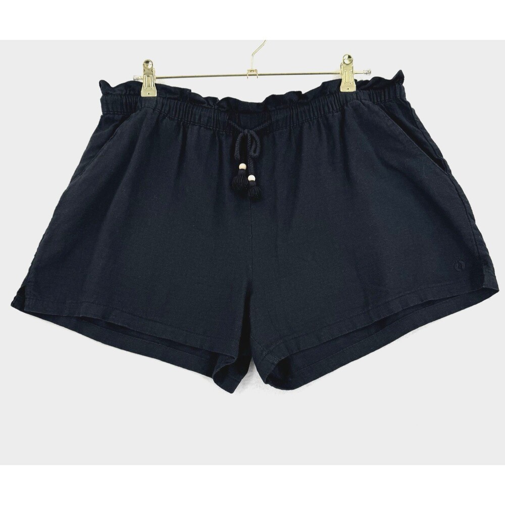 Hang Ten Santa Teresa Linen Blend Shorts XL Black Paperbag Waist Tassel Boho Fit